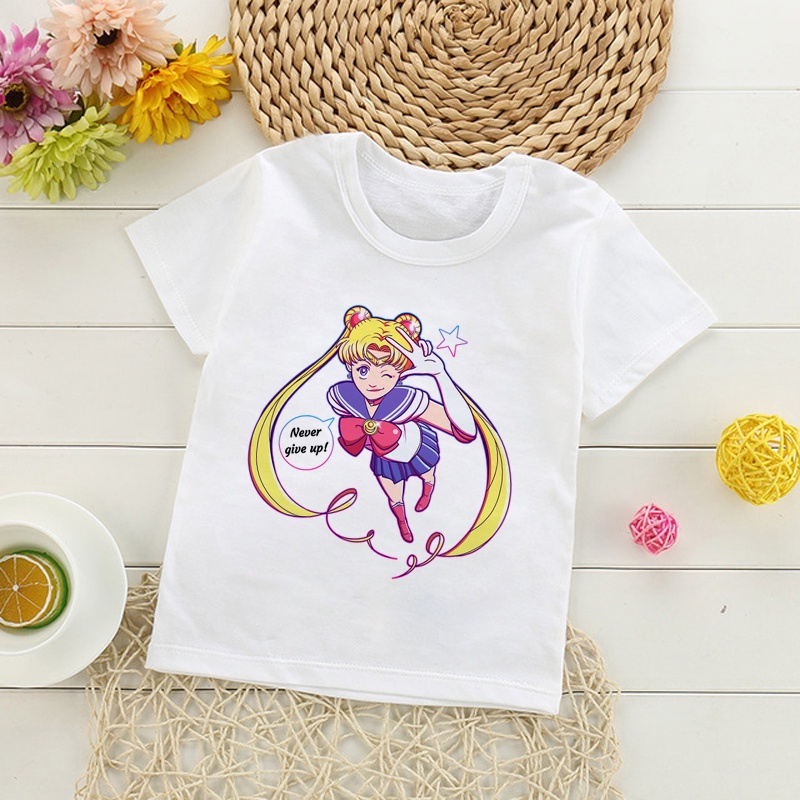 Sailor Moon Áo Thun Ngắn Tay In Hình Thủy Thủ Mặt Trăng Dễ Thương Cho Bé Gái