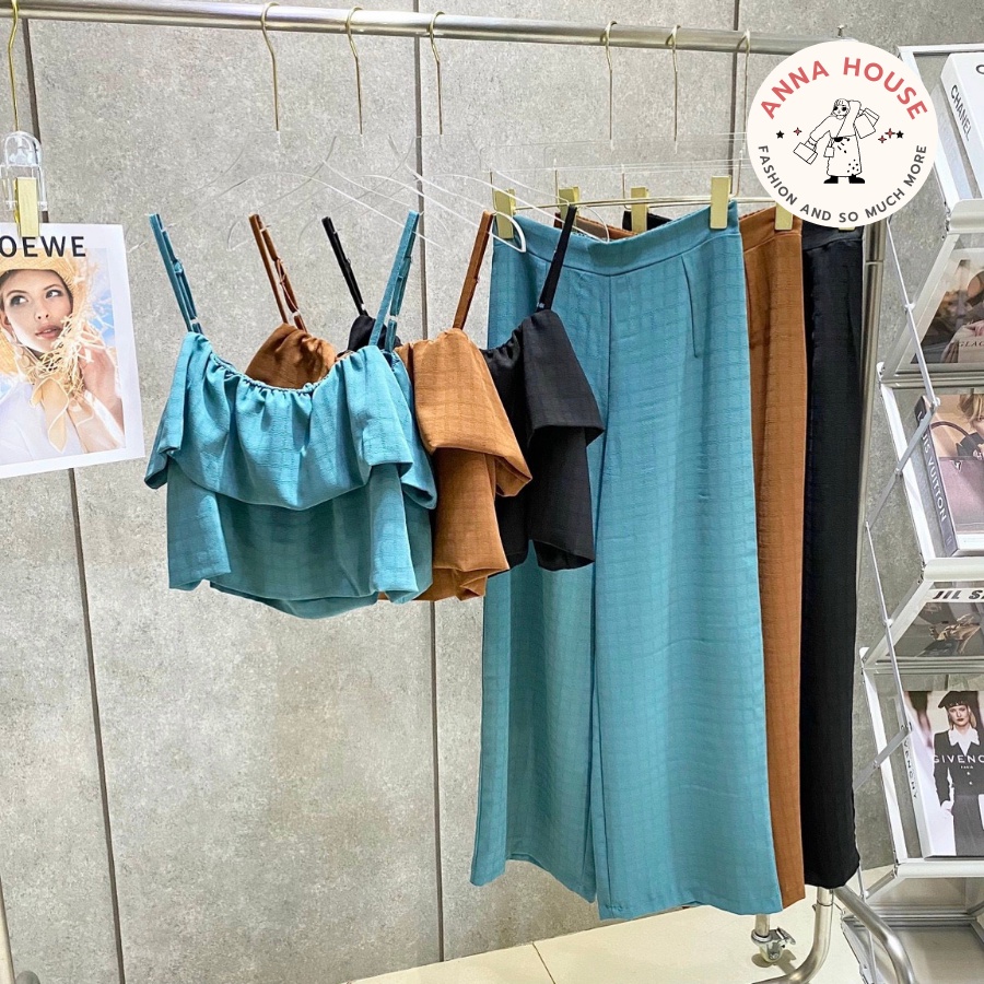 Set đồ nữ áo 2 dây 2 bèo babydoll kèm quần ống rộng đi biển, set đồ đi biển áo hai dây kèm quần suông dài ống rộng