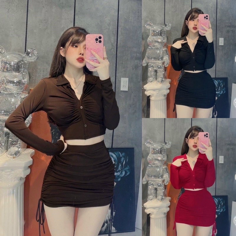 Sét Bigsize Áo Nhún Kèm Váy Rút (Bigsize 55kg Đến 100kg (M/L/XL/XXL)