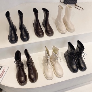 Boots martin da loại có dây buộc và trơn mũi bo vuông đế bằng
