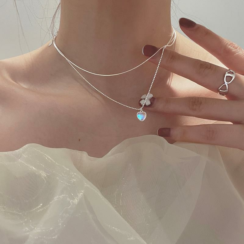 Dây Chuyền Bạc Nữ Trái Tim Đá Xanh Dây Bi Bạc Ý 925 Cao Cấp, Dây Chuyền Tim Đá Moonstone Nhân Tạo 2 Dây Kép