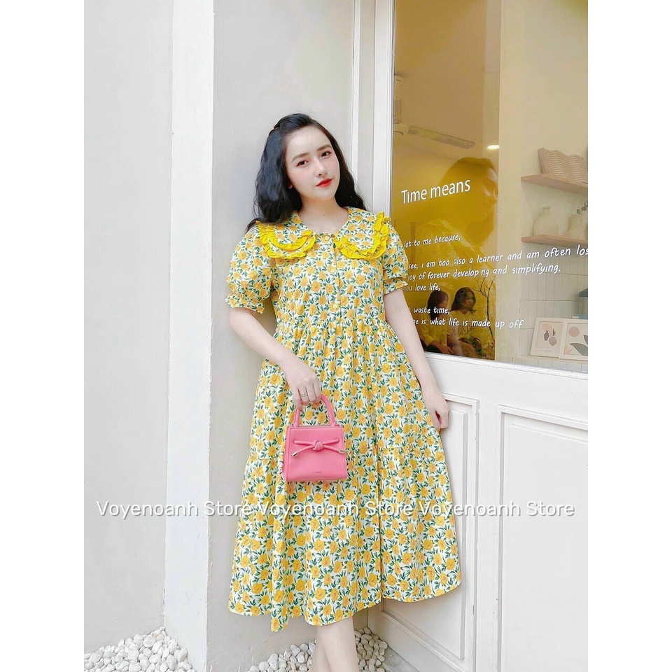 Đầm midi voan hoa tay búp phong cách mùa hè, váy bầu thiết kể cổ bèo, đầm hoa babydoll  phối nút bèo tầng tiểu thư