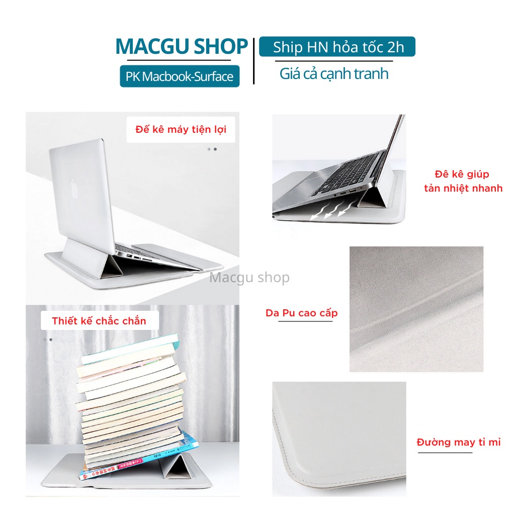 Bao da Macbook, Laptop kèm đế kê máy tiện lợi, thời trang. Túi da macbook chống nước, chống trầy xước