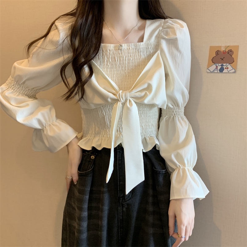 IELGY Áo Sơ Mi Đen Cổ Vuông Phong Cách Pháp Thời Trang Cho Nữ