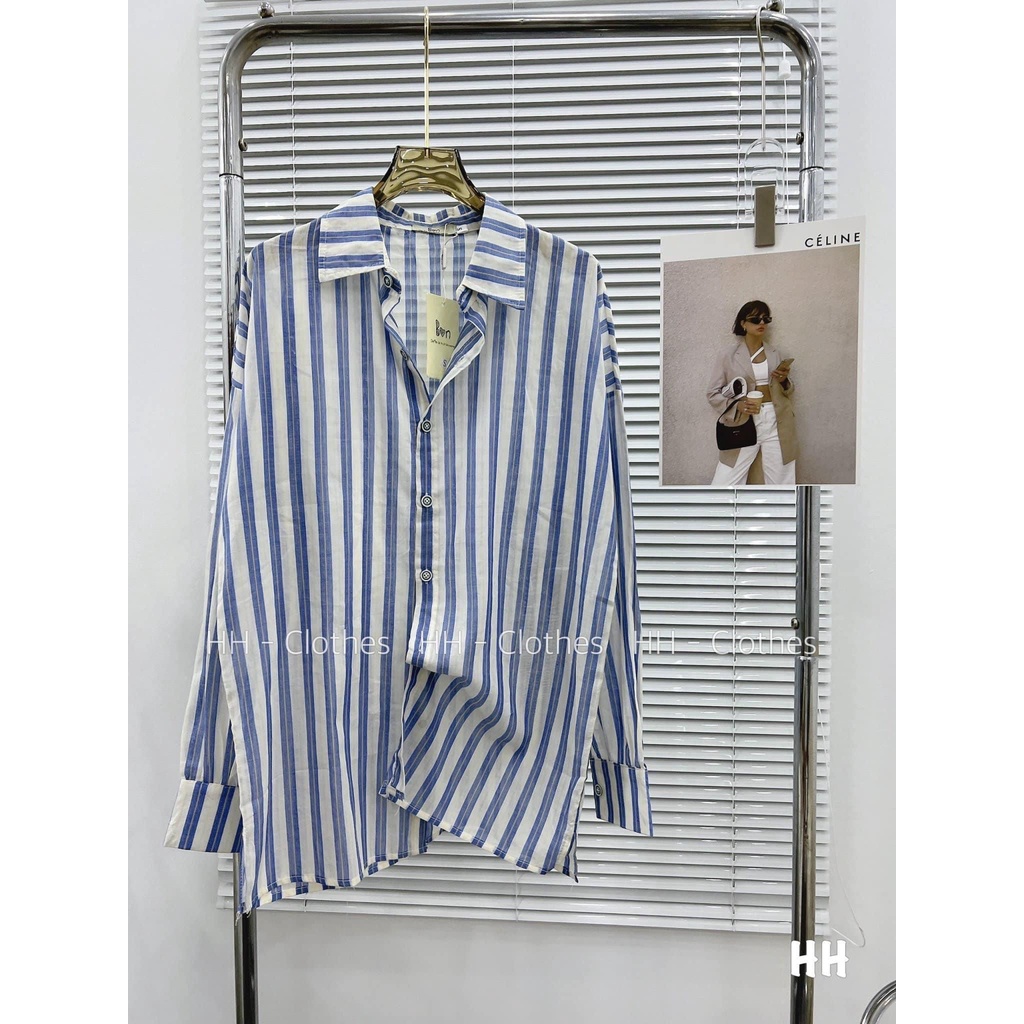Áo sơ mi kẻ sọc xanh dài tay unisex