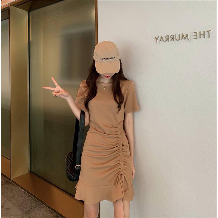 [ Mã FAMAYWA2 giảm 10K đơn 50K] Đầm Nữ Thun Cotton Rút Eo Vải Cotton Mềm Mát Co Dãn Màu Đen, Be (có ảnh thật) | BigBuy360 - bigbuy360.vn