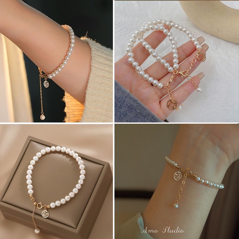 Vòng tay may mắn đính hạt ngọc trai phong cách Trung Hoa cổ điển cho nữ 2022
