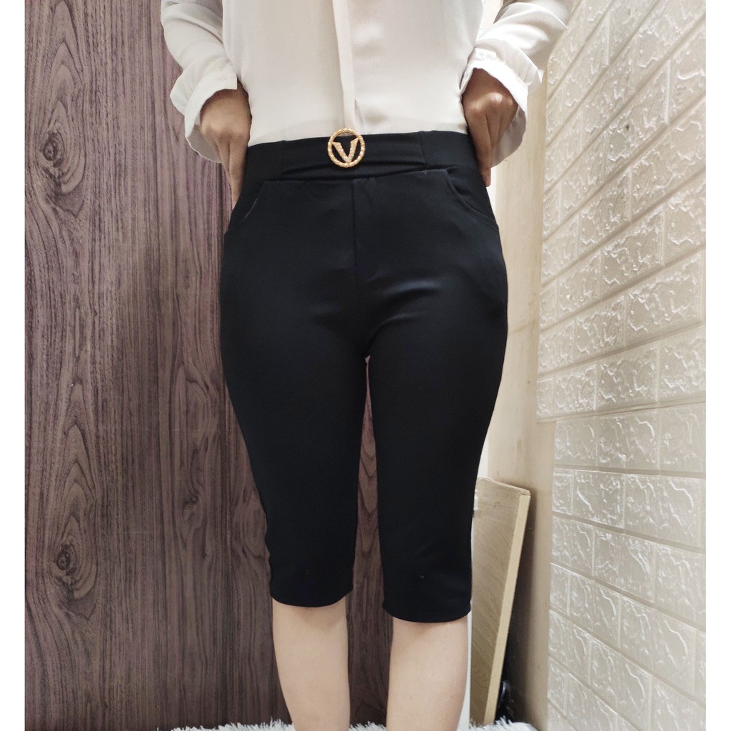 Quần legging ngố cạp chun đính kèm đai - Quần legging lửng nữ chất umi co giãn 4 chiều 4 túi thật dài qua gối | WebRaoVat - webraovat.net.vn