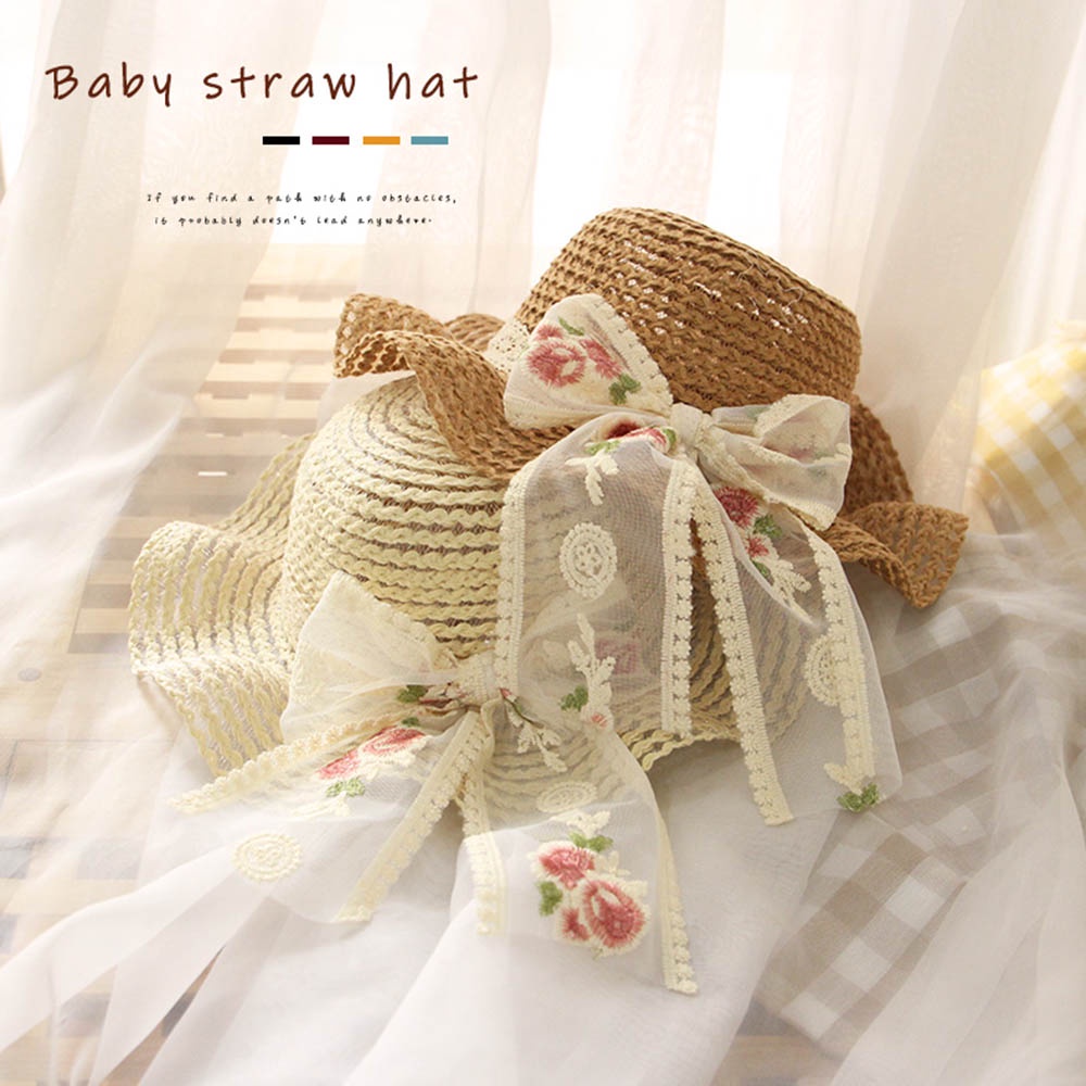 Mũ cói BEAR LEADER vành rộng phối ren hoa tùy chọn màu sắc thời trang mùa hè 2022 cho bé gái