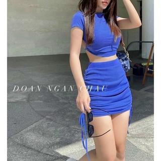 Hàng mới set đồ áo croptop tay ngắn hở lưng + chân váy rút dây siêu sexy