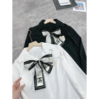 Áo sơ mi lụa thắt nơ cổ