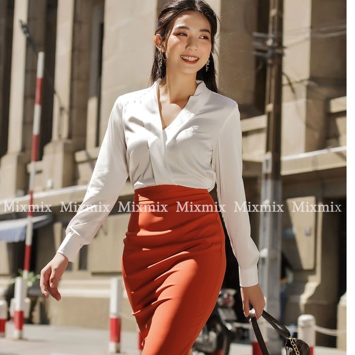 Sơ Mi Lụa nữ Cổ V Sophia Trơn Quý Phái Màu Trắng - MixMix- Hàng Thiết Kế - Hình Chụp Thật