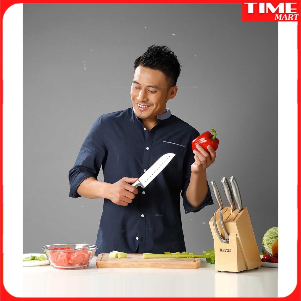 [CHÍNH HÃNG] Bộ dao kéo Đức 6 món Xiaomi HuoHou kèm chân đế gỗ. siêu sắc,cực bền [TIME_MART siêu thị tiện ích gia đình]