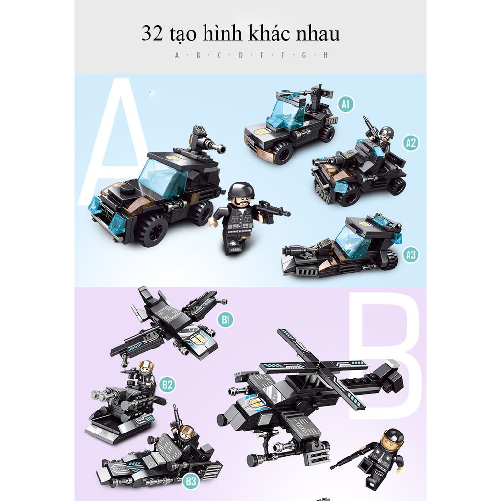 Bộ đồ chơi xếp hình Lego cảnh sát với hơn 820 chi tiết với robot, máy bay, xe cảnh sát... kèm hộp đựng