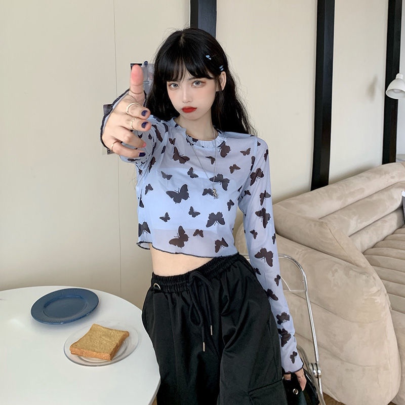 Áo Thun Croptop Tay Dài Phối Lưới Thời Trang Mùa Hè Cho Nữ