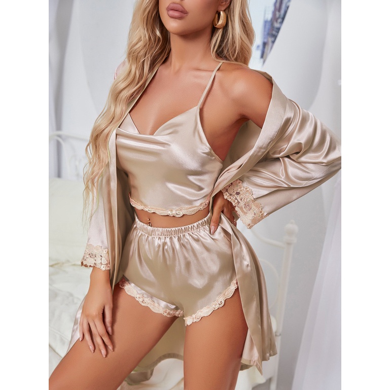 Bộ Đồ Ngủ 3 Món Vải Lụa Phối Ren Quyến Rũ Cho Nữ