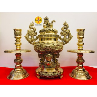 Bộ Tam Sự Lư Tròn 42cm + Chân Đèn 33cm - Vật Phẩm Đồng Thờ Cúng Vĩnh Tiến Chất Lượng Cao
