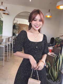 váy chấm bi cổ vuông cúc dọc kèm hình thật