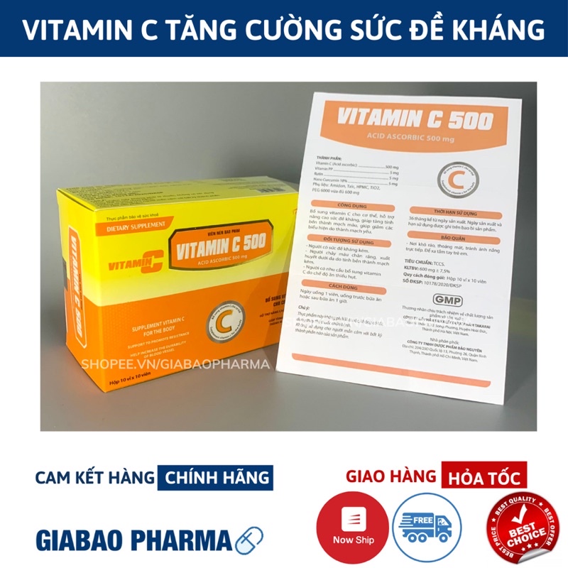 Viên uống vitamin C bổ sung vitamin c 500mg tăng cường sức đề kháng, làm đẹp da, trắng da, chống lão hóa da – Hộp 100 vi