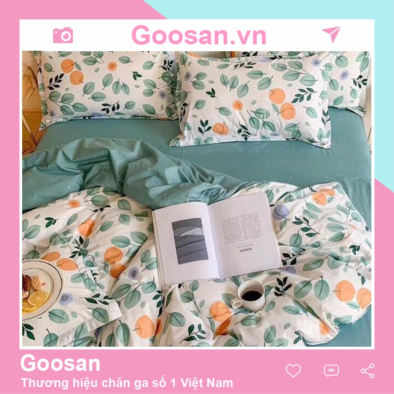 Bộ chăn ga gối coton poly Goosan - PLN20 Hoa Nhí Ga Xanh