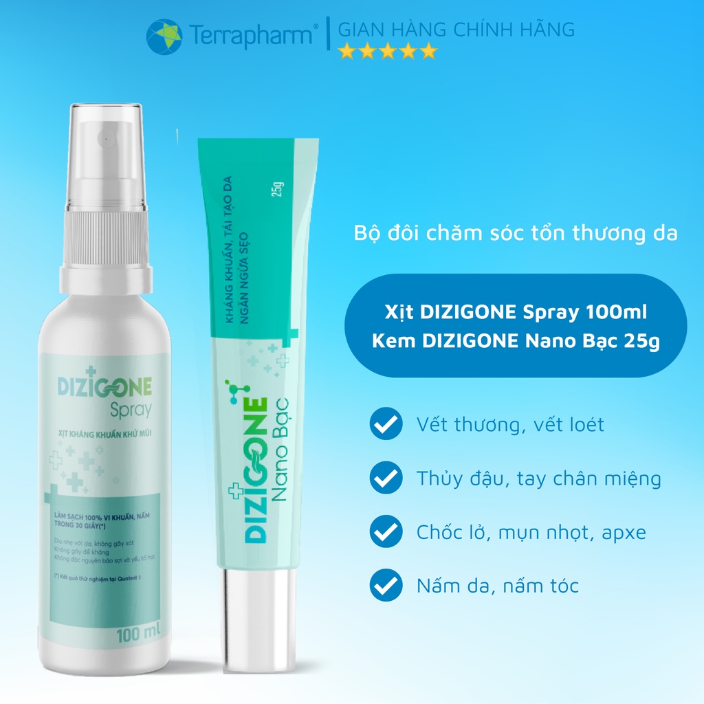 Xịt kháng khuẩn DIZIGONE 100ml & Kem DIZIGONE Nano Bạc 25g - Lành thương nhanh, tái tạo da, ngăn ngừa sẹo