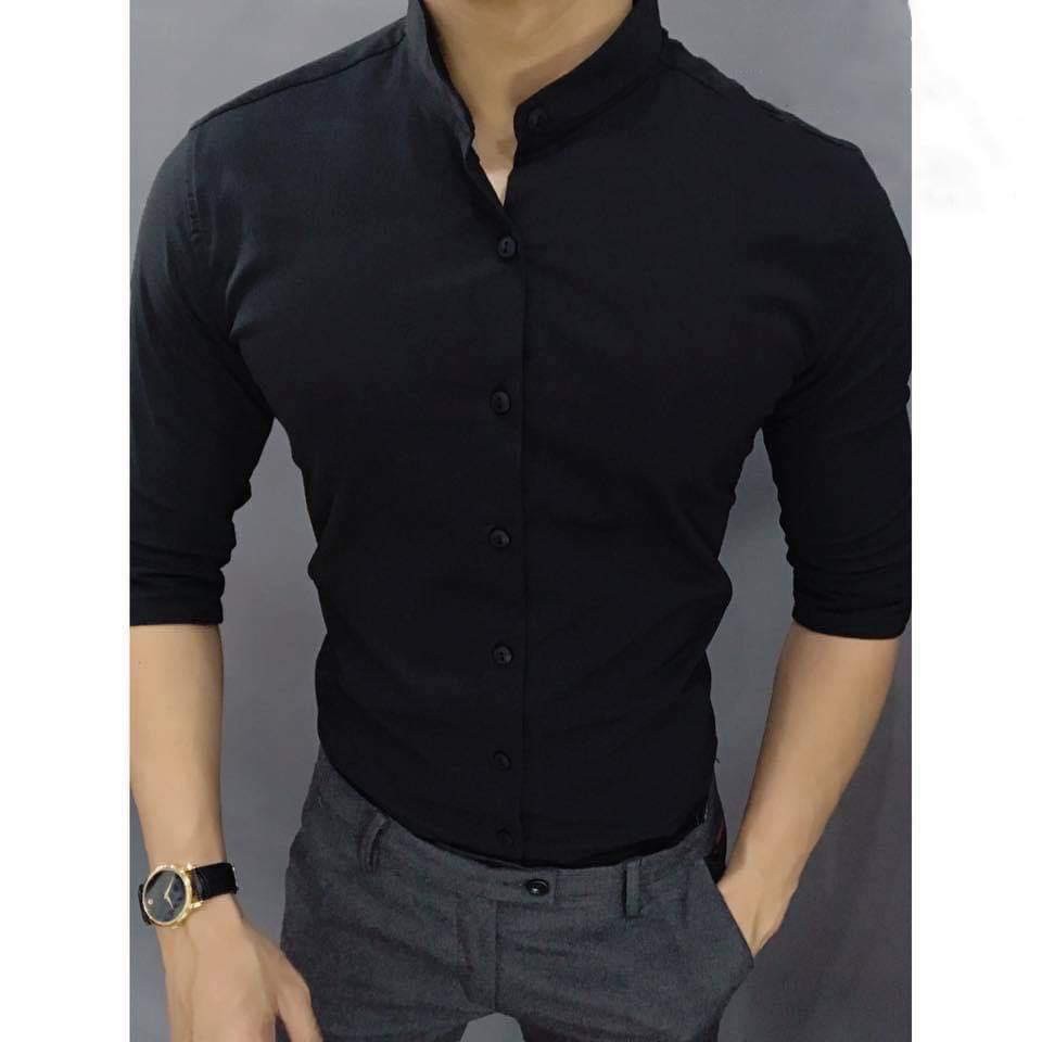 sơ mi nam cổ tàu chất liệu lụa thái cao cấp màu đen và màu trắng vải bóng nhẹ mềm mặc mát không nhăn | BigBuy360 - bigbuy360.vn