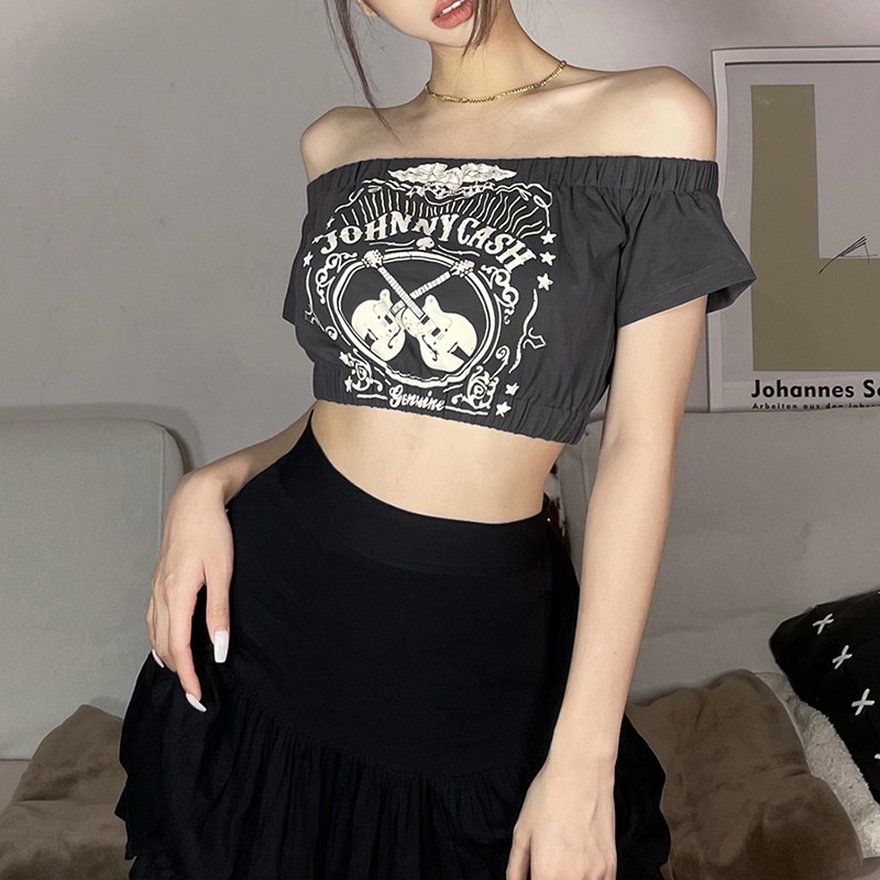 Áo Thun Nữ Ngắn Tay Lệch Vai In Chữ Thời Trang