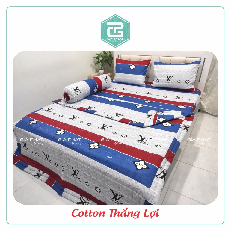 Bộ ga gối Thắng Lợi {4 món}100% Cotton chuẩn logo họa tiết LV