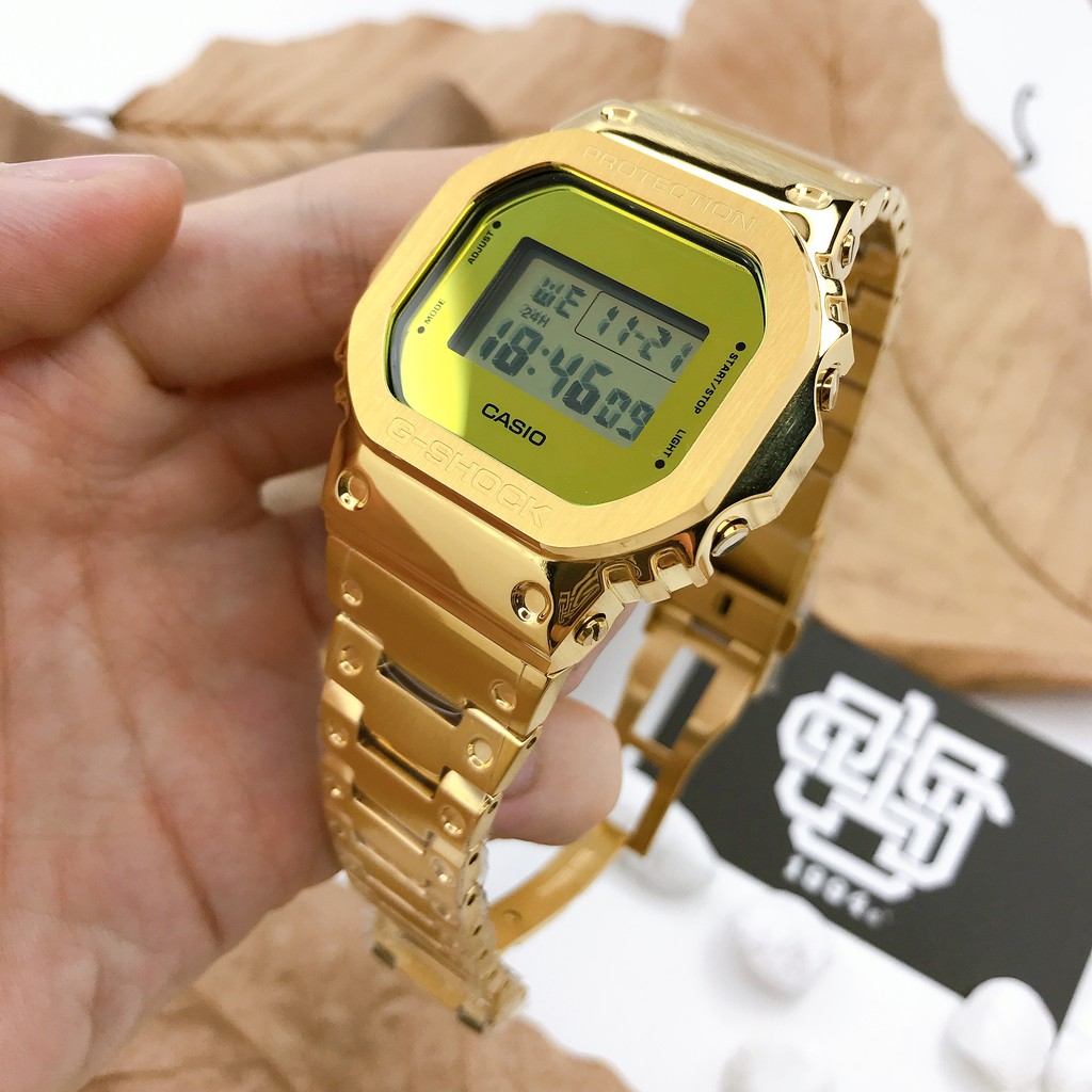 Đồng hồ nam Casio G-SHOCK DW-5600 / DW-5600BBMB-1 custom dây &amp; vỏ thép màu gold, chống nước 200m, hàng chính hãng