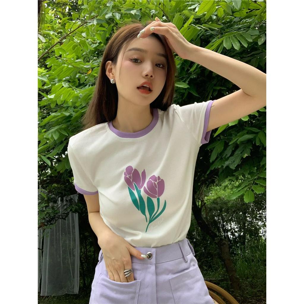 Áo Thun Ngắn Tay Dáng Ôm In Hoa Tulip Xinh Xắn 51543