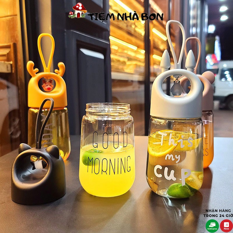 Bình đựng nước cute bằng nhựa cao cấp dung tích 450ml chống rò rỉ, Bình nước đi học cho bé có quai cầm tiện lợi