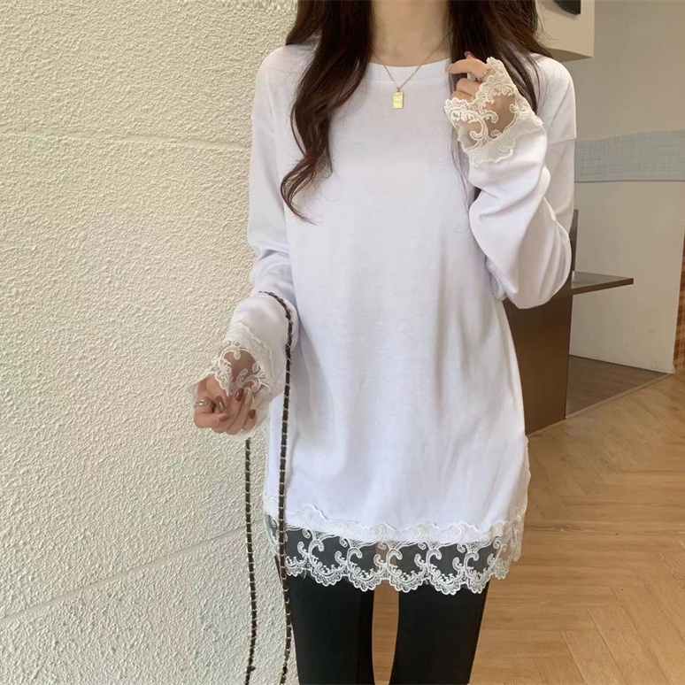 SUXI Áo Thun Tay Dài Cổ Tròn Phối Ren Màu Sắc Đơn Giản Thời Trang Xuân Thu