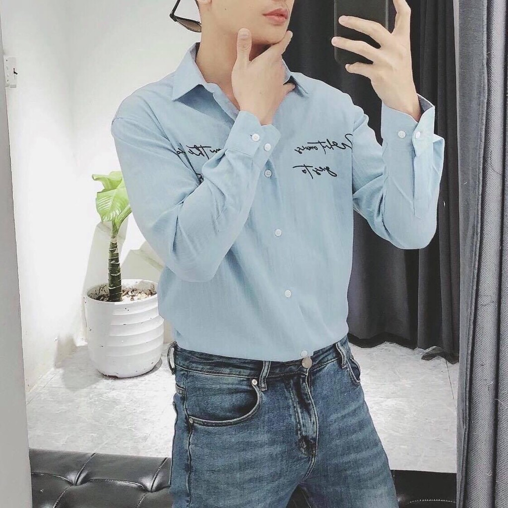 Áo sơ mi Nam Nữ 🔅FULL SIZE🔅 Áo sơ mi đũi dài tay thêu chữ , chất vải mềm mịn, dày dặn, co dãn 4 chiều, thấm hút mồ hôi