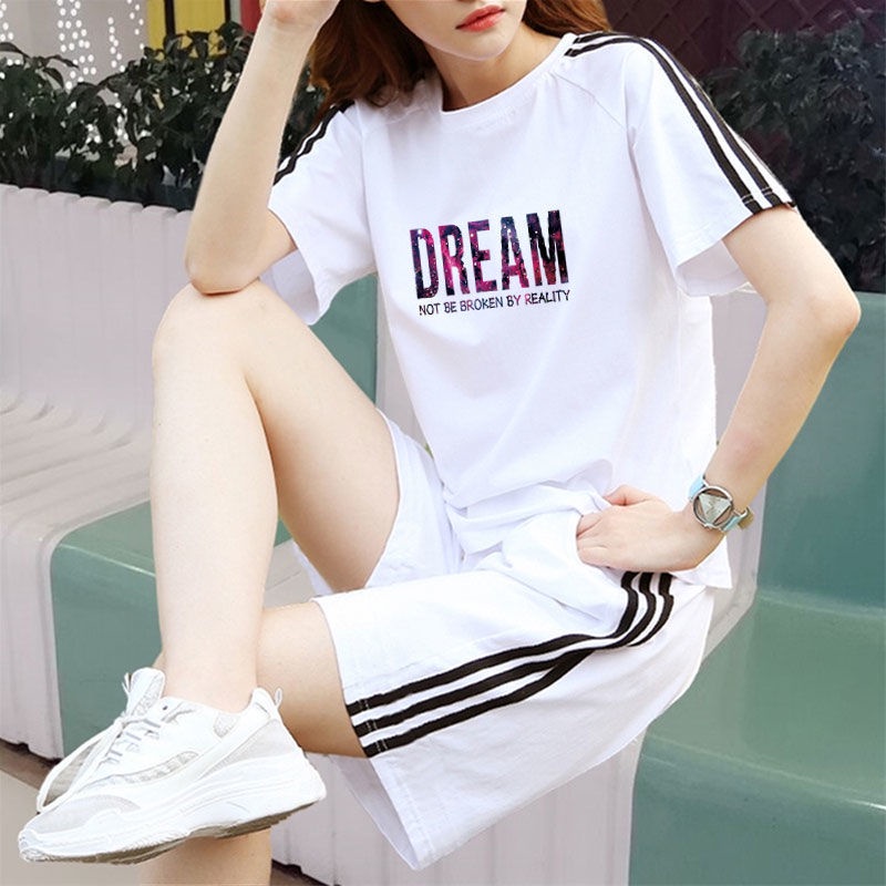 Bộ đồ thể thao hai món áo thun tay ngắn dáng rộng bằng vải cotton thời trang mùa hè hàng mới dành cho bạn nữ