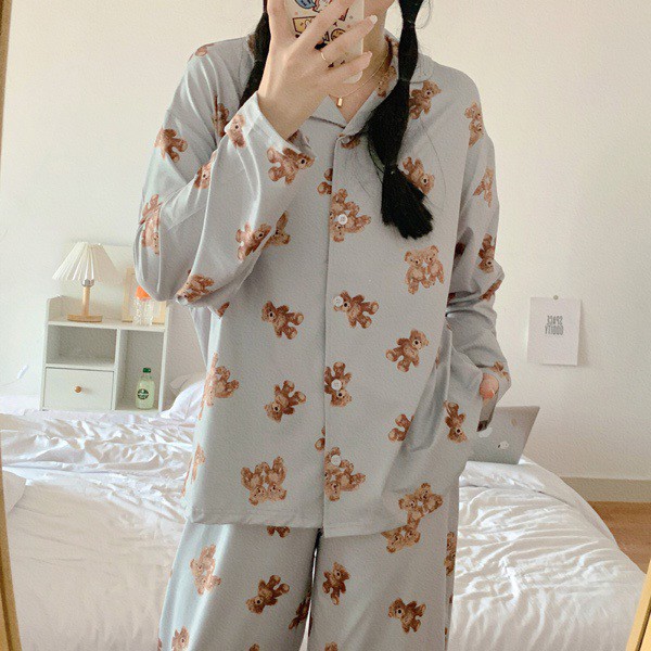 Bộ ngủ pijama dài tay gấu misa vải cotton
