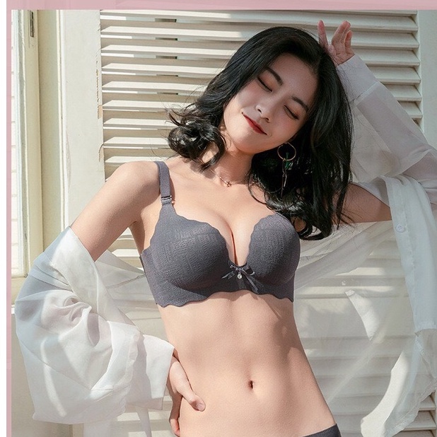 Áo Ngực Su Đúc Không Gọng Đệm Dày Viền Sóng Họa Tiết 3D Đính Nơ Nhỏ YiOn Underwear AS11