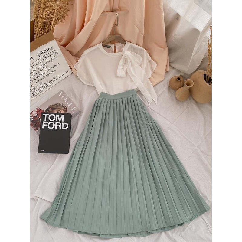 set chân váy xanh mint dập ly + sơmi trắng thắt nơ | BigBuy360 - bigbuy360.vn