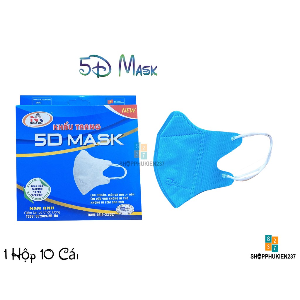 Khẩu trang 5D Màu Xanh Famapro thuộc công ty Nam Anh hộp 10 chiếc dày 3 lớp vải không dệt