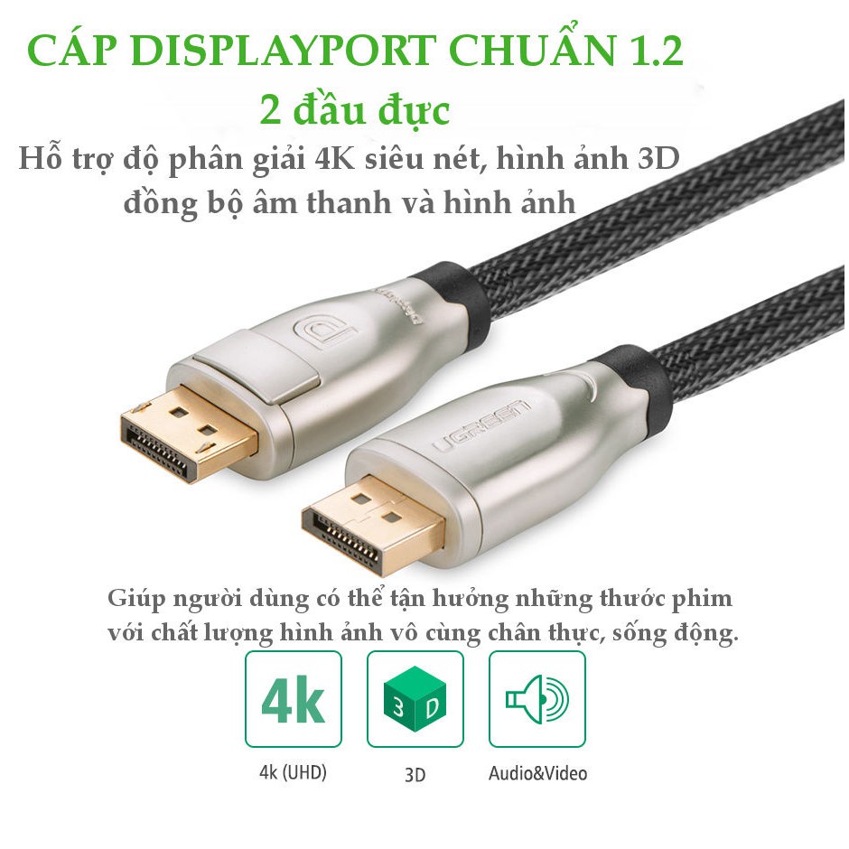 Dây cáp DisplayPort 1.2 hỗ trợ 3D, 4Kx2K 60Hz dài từ 1-10m UGREEN DP107