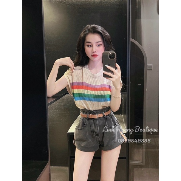 Maihuong⚡️ÁO LEN LƯỚI KẺ CẦU VỒNG 4M CHO NỮ