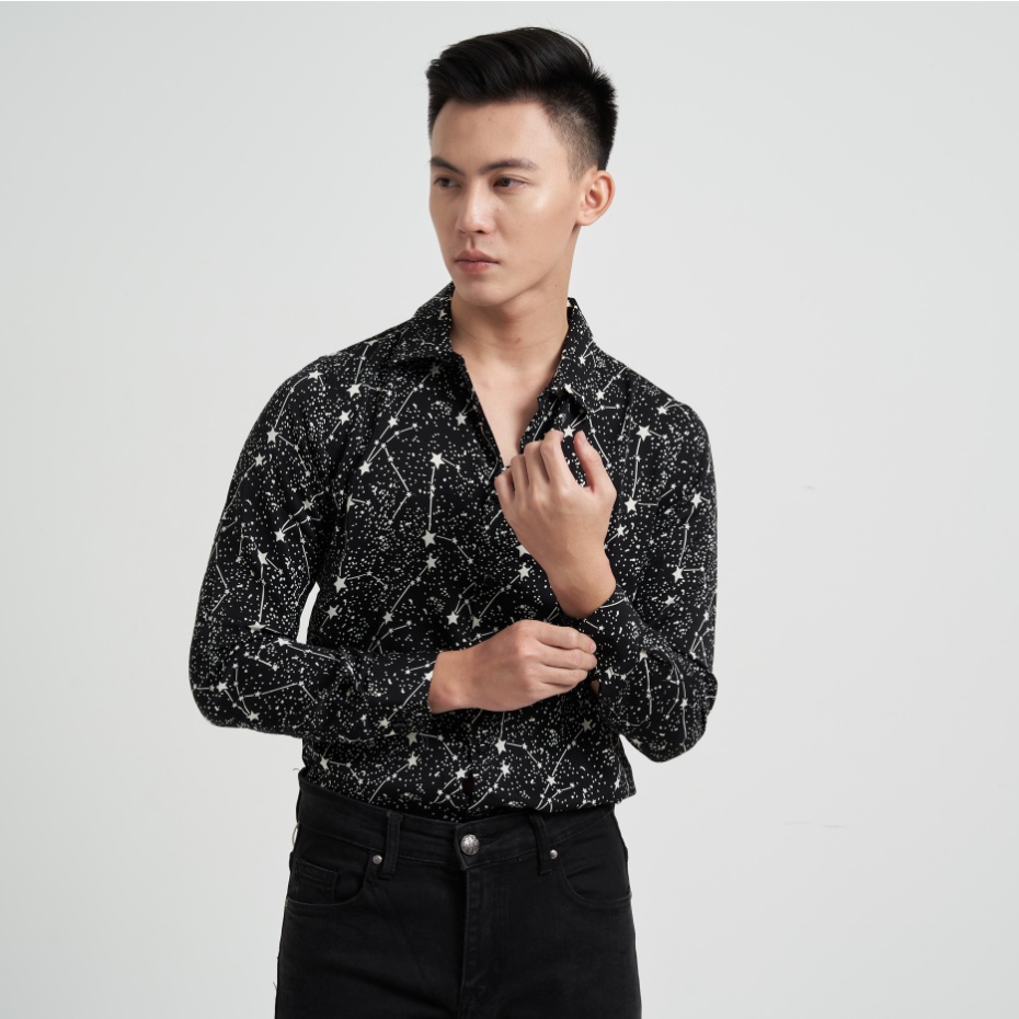 Áo sơ mi nam dài tay họa tiết chòm sao chất lụa mềm mại chống nhăn