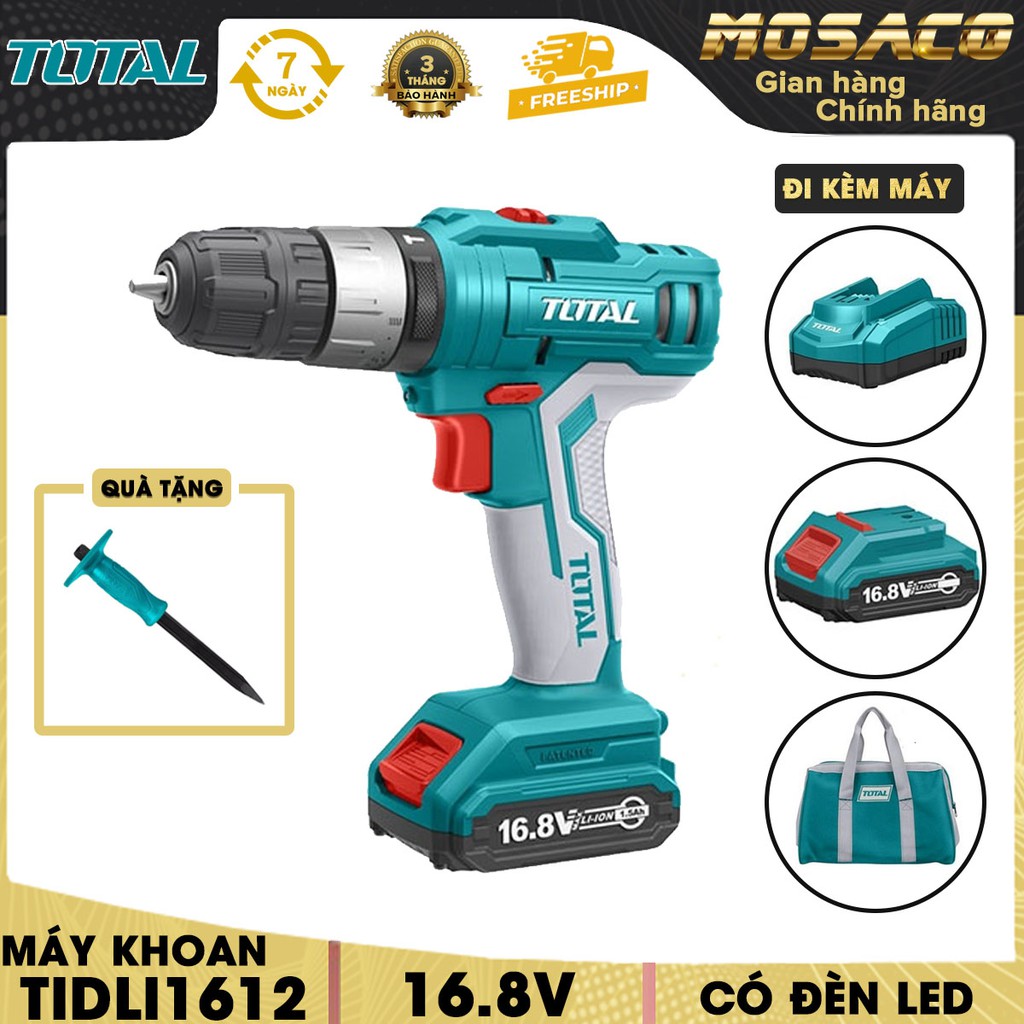 Máy khoan búa vặn vít dùng pin TOTAL TIDLI1612 kèm 2 Pin có đèn LED hiển thị dung lượng pin-MOSACO