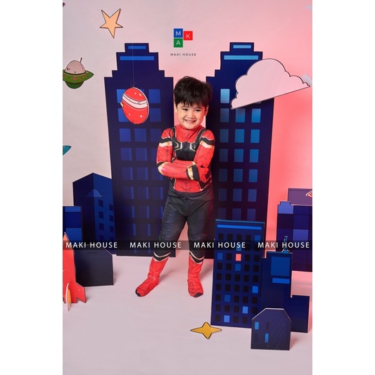 Quần áo người nhện trẻ em hoá trang siêu nhân halloween Maki Người Nhện viền vàng.HT41