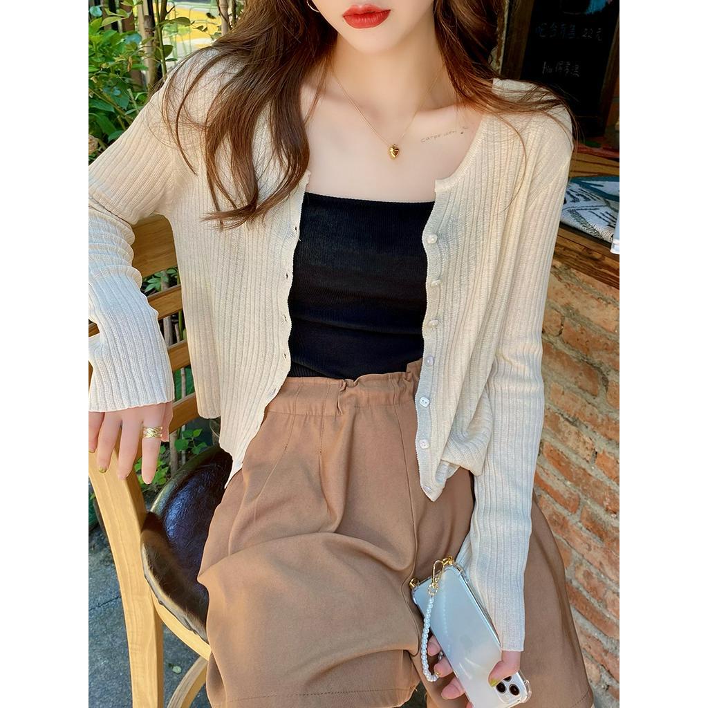 Áo Khoác cardigan Dệt Kim Mỏng Dáng Ngắn Dài Tay Thời Trang Mùa Hè 67220