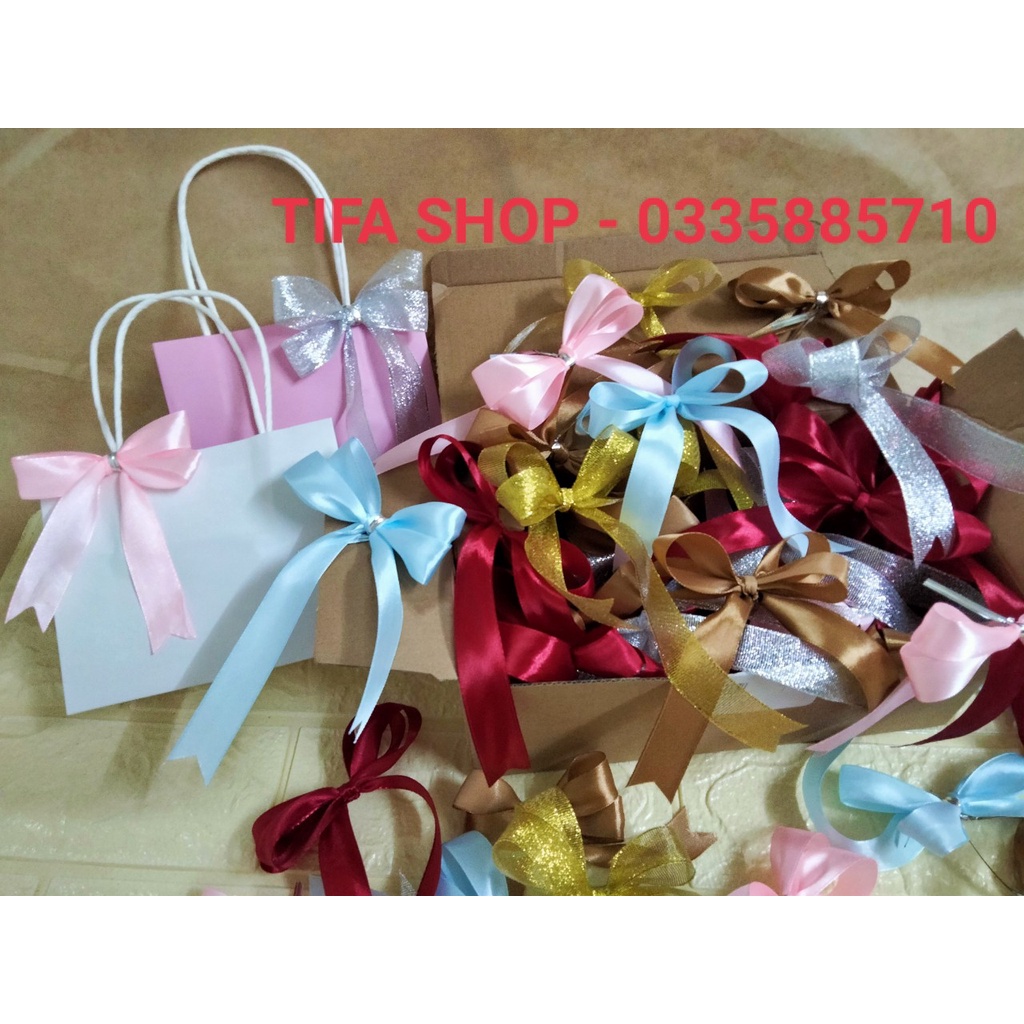 Nơ thắt sẵn, nơ ruybang lụa trang trí túi giấy, hộp quà có sẵn