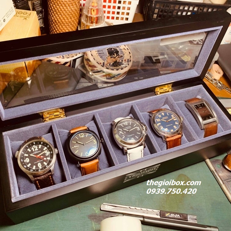 Hộp Đựng Đồng Hồ Bằng Gỗ - 5 Chiếc, Vỏ Gỗ Đen Mờ Sang Trọng Nắp Kính Chống Bụi