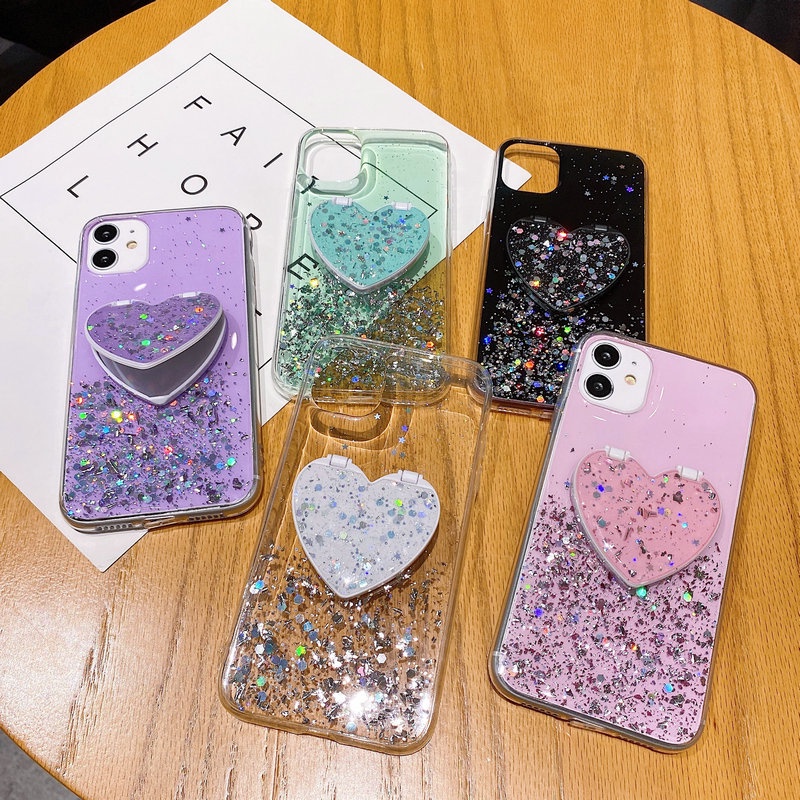 Case iPhone 12 Mini 11 Pro Max 6 6S 7 8 Plus X XR XS XS Max SE 2020 Epoxy Silver Foil Glitter Phone Case Heart-shaped mirror bracket - Green  Purple