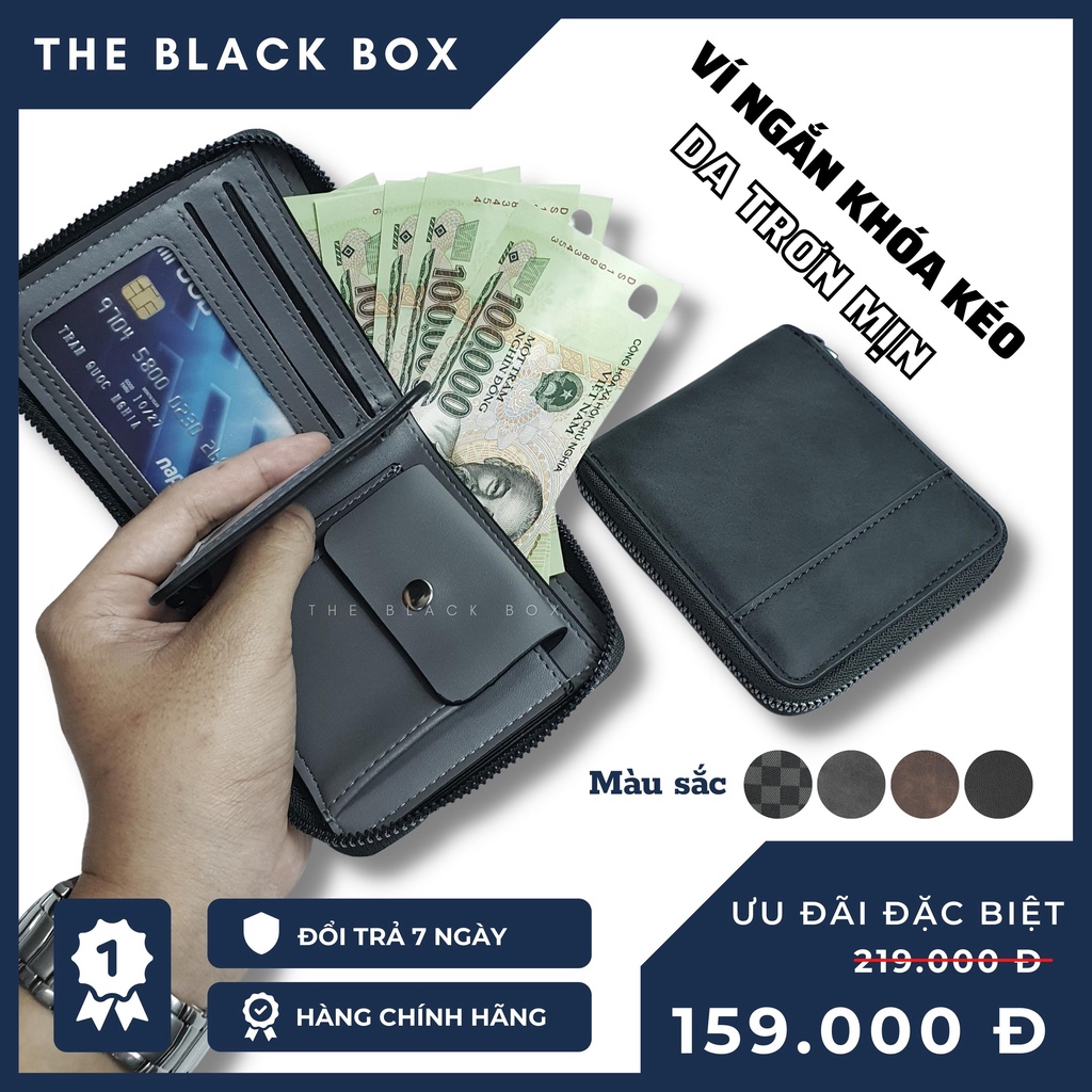 Ví Da Nam The Black Box Da Trơn Có Khóa Kéo Trẻ Trung Cao Cấp, Bóp Đựng Tiền Bằng Da PU Xịn Gồm 1 Ngăn Tiền, 6 Ngăn Thẻ