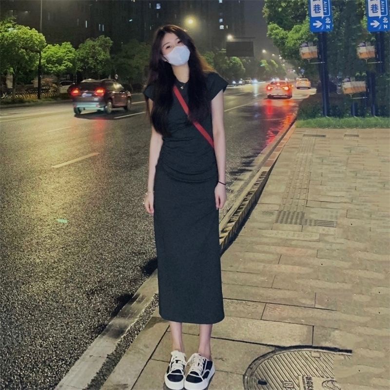 Váy Body Ôm Dáng Dài Cổ Tròn Màu Đen Thời Trang Mùa Hè Phong Cách Hàn Quốc Váy Nữ