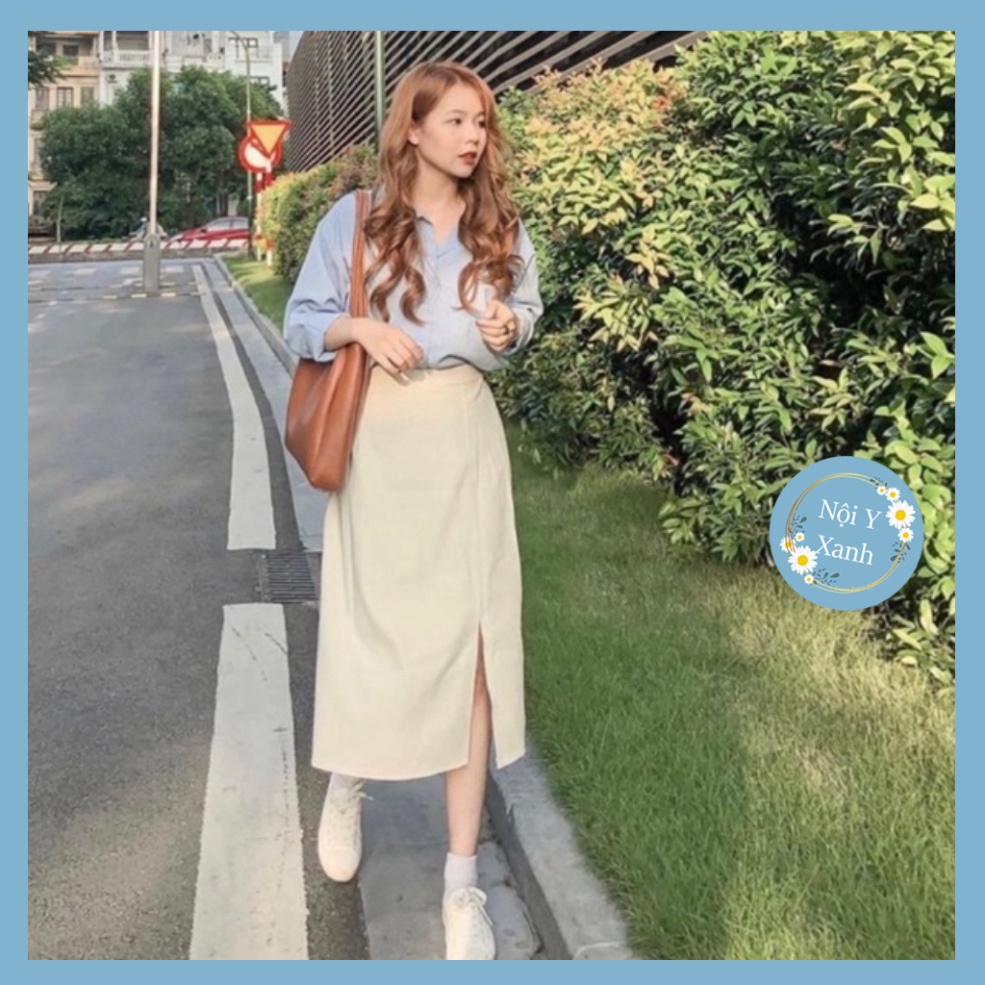 Chân váy dài midi xẻ bên phong cách hàn quốc mầu trắng, babydoll ulzzang mềm nội y xanh